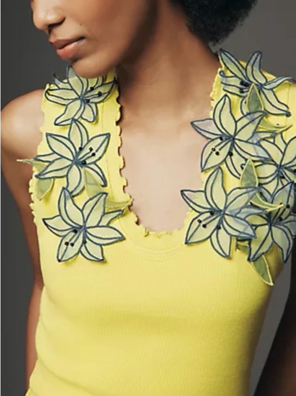NWT, SOLD OUT Anthropologie Yellow Floral Appliqué Ribbed Tank, S